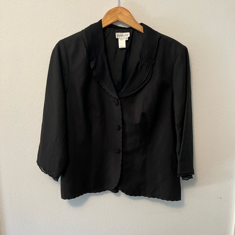 Coldwater Creek Black Linen Rayon Scalloped Blazer Jacket Evening Fall Office